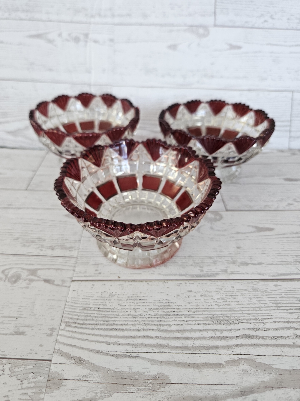 Set of 3 Ruby-Trim Pressed Glass Bowls Vintage